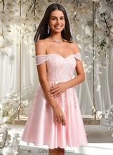 Load image into Gallery viewer, Marisol A-line Off the Shoulder Short Satin Homecoming Dress With Rhinestone Beading Appliques Lace HDOP0025679