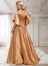 Load image into Gallery viewer, Caitlin A-line V-Neck Floor-Length Stretch Satin Bridesmaid Dress HDOP0025793