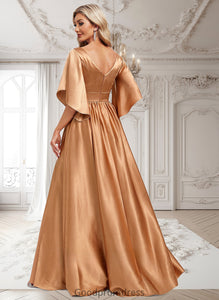 Caitlin A-line V-Neck Floor-Length Stretch Satin Bridesmaid Dress HDOP0025793