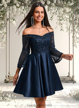 Load image into Gallery viewer, Sasha A-line Off the Shoulder Short Satin Homecoming Dress With Sequins HDOP0025651