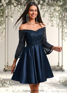 Sasha A-line Off the Shoulder Short Satin Homecoming Dress With Sequins HDOP0025651