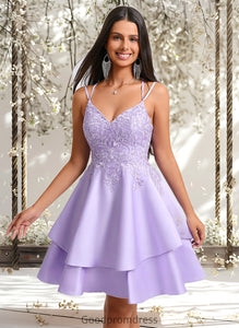 Geraldine A-line V-Neck Short Satin Homecoming Dress With Appliques Lace HDOP0025692