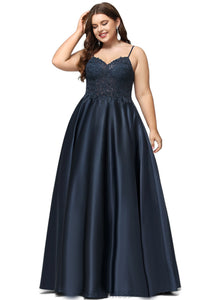 Setlla A-line V-Neck Floor-Length Lace Satin Prom Dresses With Sequins HDOP0020847