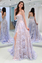 Load image into Gallery viewer, Charming Sweetheart Strapless Lace Appliques Lilac Prom Dresses with SJS15632