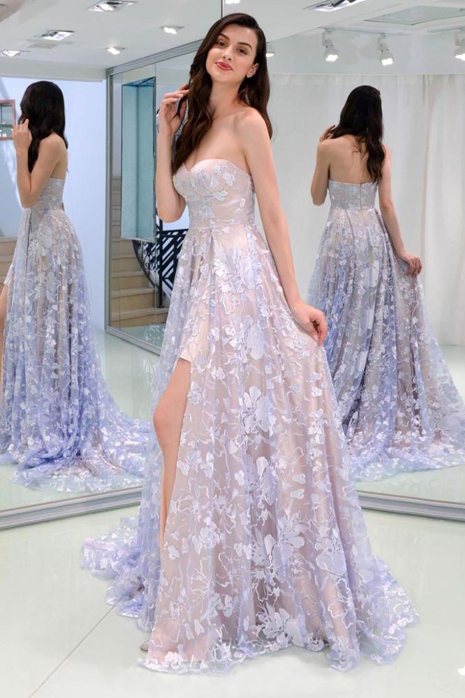 Charming Sweetheart Strapless Lace Appliques Lilac Prom Dresses with SJS15632