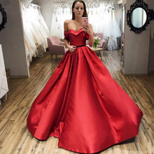 Load image into Gallery viewer, Red Ball Gown Off the Shoulder V Neck Satin Prom Dresses, Evening SJS15660