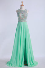 Load image into Gallery viewer, Tow-Tone Bateau Open Back Prom Dresses A-Line Beaded Bodice With Slit Chiffon