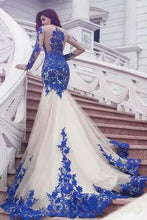 Load image into Gallery viewer, Mermaid Royal Blue Scoop Appliques Tulle Prom Dresses Long Evening SJS20464