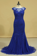 Load image into Gallery viewer, Plus Size Mermaid Open Back Evening Dresses Bateau Tulle With Applique Dark Royal Blue