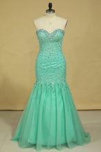 Load image into Gallery viewer, Plus Size Sweetheart Prom Dresses Mermaid/Trumpet Floor Length Beaded Bodice Tulle