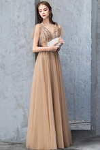 Load image into Gallery viewer, A Line V Neck Short Sleeves Long Tulle Prom Dress Evening Dresses With SJSP7MZF43L