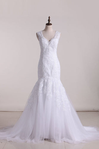 Tulle Wedding Dresses V Neck With Applique Mermaid Chapel Train