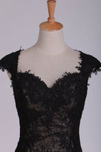Load image into Gallery viewer, Black Off The Shoulder Sheath Prom Dresses Lace&amp;Tulle Floor Length With Applique &amp; Slit