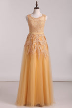 Load image into Gallery viewer, Prom Dresses Scoop A Line Tulle With Applique Floor Length