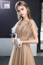 Load image into Gallery viewer, A Line V Neck Short Sleeves Long Tulle Prom Dress Evening Dresses With SJSP7MZF43L