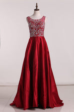 Load image into Gallery viewer, New Arrival A Line Scoop Prom Dresses Two Pieces Satin With Beads&amp;Rinestones