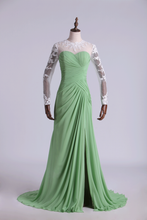 Load image into Gallery viewer, Scoop Long Sleeves Column Prom Dresses With Applique &amp; Ruffles Chiffon