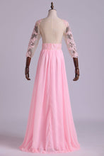 Load image into Gallery viewer, Mid-Length Sleeve A-Line Scoop Chiffon Prom Dresses Floor-Length With Applique &amp; Bow-Knot