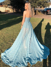 Load image into Gallery viewer, Sexy A line See Through Strapless Slit Backless Blue Prom Dresses with Appliques SJS15593