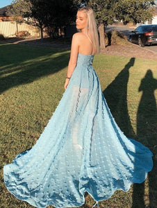 Sexy A line See Through Strapless Slit Backless Blue Prom Dresses with Appliques SJS15593
