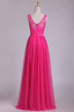 Load image into Gallery viewer, Bridesmaid Dresses V Neck A Line With Embroidery And Sash Tulle