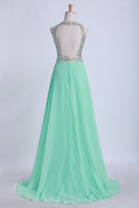 Tow-Tone Bateau Open Back Prom Dresses A-Line Beaded Bodice With Slit Chiffon