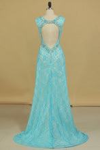 Load image into Gallery viewer, Sexy Open Back V Neck With Beads And Slit Prom Dresses Mermaid Lace Sweep Train
