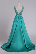 Load image into Gallery viewer, Sweep Train A Line Prom Dresses V Neck Satin With Beading