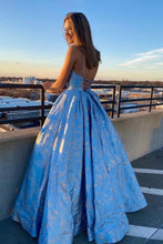 Load image into Gallery viewer, A Line Spaghetti Straps Blue Lace V Neck Prom Dresses with Lace up, Long Dance Dresses SJS15025