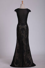 Load image into Gallery viewer, Black Off The Shoulder Sheath Prom Dresses Lace&amp;Tulle Floor Length With Applique &amp; Slit