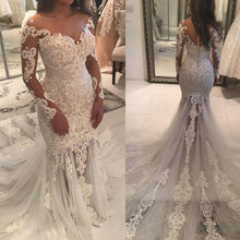 Load image into Gallery viewer, Long Sleeve Sparkly Mermaid V Neck Beads Wedding Dresses With Applique SJS15249