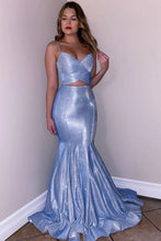 Load image into Gallery viewer, Glitter Spaghetti Straps V Neck Blue Mermaid V Neck Prom Dresses, Party SJS20419