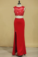 Load image into Gallery viewer, Red Two-Piece Scoop Sheath With Applique And Beads Spandex Prom Dresses