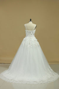A Line Spaghetti Straps Court Train Wedding Dresses Tulle With Applique And Handmade Flowers
