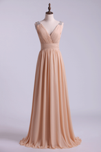 Load image into Gallery viewer, Bridesmaid Dress V Neck A Line Floor Length Chiffon With Beads