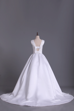 Load image into Gallery viewer, Scoop Sexy Back A Line Beaded Bodice Satin Wedding Dress Chapel Trian
