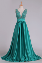 Load image into Gallery viewer, Sweep Train A Line Prom Dresses V Neck Satin With Beading