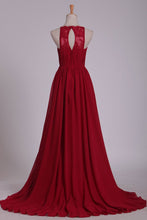 Load image into Gallery viewer, A Line Scoop Prom Dresses Chiffon With Ruffles And Slit