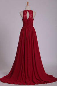 A Line Scoop Prom Dresses Chiffon With Ruffles And Slit