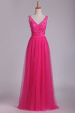 Load image into Gallery viewer, Bridesmaid Dresses V Neck A Line With Embroidery And Sash Tulle