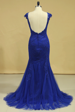 Load image into Gallery viewer, Plus Size Mermaid Open Back Evening Dresses Bateau Tulle With Applique Dark Royal Blue