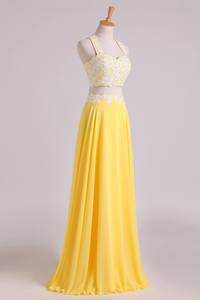 New Arrival Halter Prom Dresses A-Line With Applique Chiffon