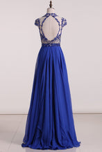 Load image into Gallery viewer, Scoop Prom Dresses Chiffon A Line With Beading Cap Sleeves Fast Arrival