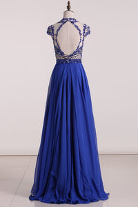 Scoop Prom Dresses Chiffon A Line With Beading Cap Sleeves Fast Arrival