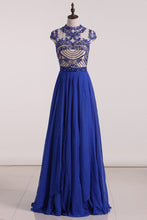 Load image into Gallery viewer, Scoop Prom Dresses Chiffon A Line With Beading Cap Sleeves Fast Arrival
