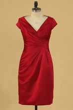 Load image into Gallery viewer, Satin V Neck Bridesmaid Dresses Cap Sleeves Knee Length Sheath