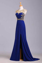 Load image into Gallery viewer, Scoop Neckline Column Beaded Bodice Prom Dresses With Court Train &amp; Slit