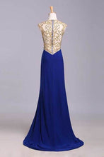 Load image into Gallery viewer, Scoop Neckline Column Beaded Bodice Prom Dresses With Court Train &amp; Slit