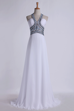Load image into Gallery viewer, Halter Prom Dresses A-Line Pick Up Long Chiffon Skirt Ruffled With Crystal Beading