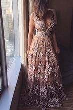 Load image into Gallery viewer, Deep V Neck Lace Applique A-line Prom Dresses, Beads Long Formal Dresses SJS15139